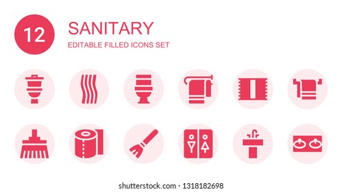 sanitary icon set. Collection of 12 filled sanitary icons included Toilet, Towel, Broom, Toilet paper, Restroom, Sink