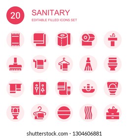 sanitary icon set. Collection of 20 filled sanitary icons included Towel, Toilet paper, Sink, Broom, Toilet, Restroom, Pad