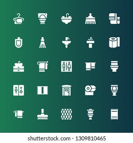sanitary icon set. Collection of 25 filled sanitary icons included Towel, Toilet, Napkin, Broom, Toilet paper, Portable toilets, Restroom, Sink, Urinal