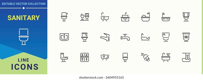 Sanitary icon set. Containing bath, wash room, room and more. Bathroom icon set. Minimalist vector collections. Editable stroke collections.
