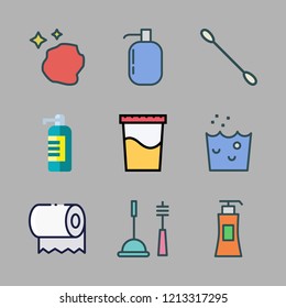 sanitary icon set. vector set about liquid soap, toilet paper, sponge and cleaning tools icons set.