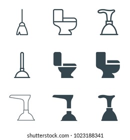 Sanitary icons. set of 9 editable filled and outline sanitary icons such as plunger, toilet