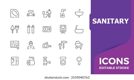 Sanitary icons set in line style. Related to plumbing, toilet, shower, fittings, bath, bathroom and more. Minimalist thin icons. Vector illustration in modern line style.