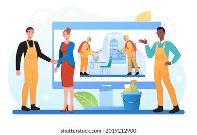 Sanitary inspection worker show presentation depicting disinfection process in office workspace to potential client. Sign contract. Flat cartoon vector concept design isolated on white background.