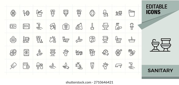 Sanitary linear icon set. Minimal thin line web icons set. Editable stroke. Vector collection. Bath icon set. Includes thin line symbols bathroom, hygiene, bath, disinfect and more.