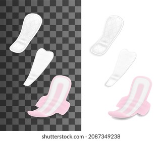 sanitary menstrual pads. Feminine hygiene sanitary napkins types 3d realistic vector objects, different shape menstrual towels with absorption layer, sticky wings and breathable surface mock-up