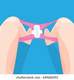 Sanitary napkin with wings on female panties vector illustration. Illustration of feminine hygiene. Picture clean feminine hygiene pad