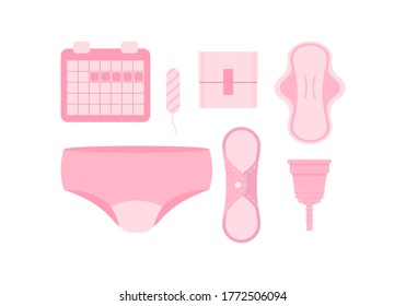 Sanitary Napkin, Women Menstrual Pad, Calendar, Tampon, Reusable Pad, Menstrual Cup Underpants Icon Vector Set Isolated On White Background. Flat Design Cartoon Illustration Feminine Intimate Product.