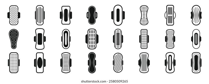  Sanitary napkins icons set. Collection of sanitary pad icons representing various absorbencies, shapes, and designs for feminine hygiene products