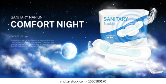 Sanitary napkins for night comfort package mock up banner. Soft feminine hygienic pads on dark sky background with full moon and clouds, pack with protective product ad poster Vector 3d illustration