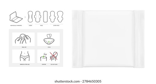 Sanitary pad in individual packaging mockup with instruction set icons.  Vector illustration isolated on white background. Сan be used for healthcare, medical and other needs. EPS10.