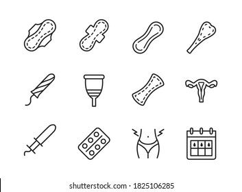 Sanitary pad and periods line flat icons set. Menstruation symbols