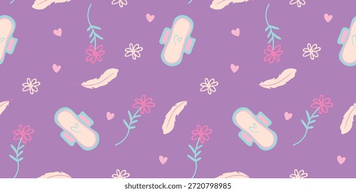 Patrón inconsútil de la almohadilla sanitaria con las flores y las plumas, ilustración femenina del cuidado menstrual