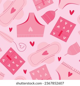 Sanitary pad, tampon and menstrual cup in pink flat design, vector seamless pattern