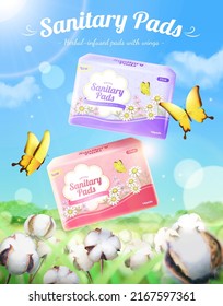 Sanitary pads ad. 3D Illustration of two sanitary pad packages floating over a cotton field on a sunny day with yellow butterflies flying through. Concept of soft textured pads with wings