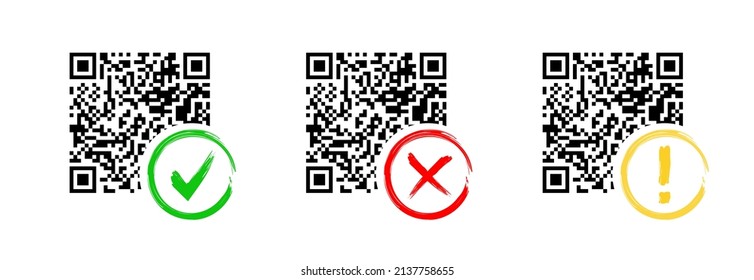 Símbolos de paso sanitario para el control de exploración. Iconos de vacunación e identificación para smartphone. Prueba, cheque, certificado electrónico y protección para la aplicación telefónica. Código QR para seguridad. Vector.