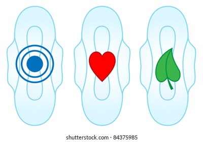 sanitary towel with symbols representing absorbency, breathable and comfort, vector illustration