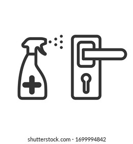 Sanitary treatment of a door handle. Use a spray antiseptic to prevent the spread of disease. Vector illustration