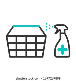 Sanitary treatment of a supermarket basket. Use a spray antiseptic to prevent the spread of disease. Vector illustration