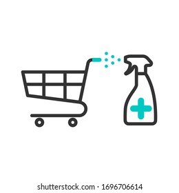 Sanitary treatment of a supermarket cart. Use a spray antiseptic to prevent the spread of disease. Vector illustration