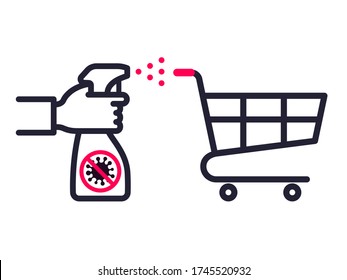 Sanitary treatment of a supermarket cart. Use a spray antiseptic to prevent the spread of disease. Vector illustration