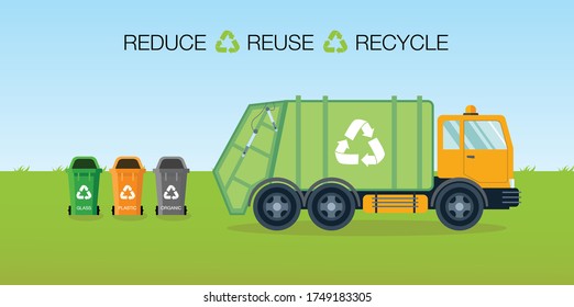Sanitary vehicle garbage front loader truck. Green garbage truck Containers with waste for recycle garbage. Waste management with, garbage truck and trash bins. Flat vector/ Waste managment