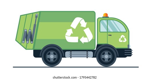Sanitary vehicle garbage front loader truck isolated. Vector urban sanitary vehicle garbage front loader truck. Residential and commercial solid waste collection and transportation.Green garbage truck
