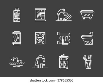 Sanitary ware, mirror with shelf, bath, dryer, washing machine and other bathroom objects. Home interior. White line vector icons on black background. Web design for business, website and mobile.