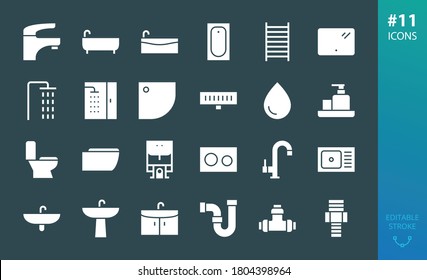 Sanitary ware solid icons set. Set of bathroom, bath, faucet, toilet, shower, sink, washbasin, water trap, shower drain, heated towel rail, bathtub, pipes, plumbing pipes and fittings glyphs icon