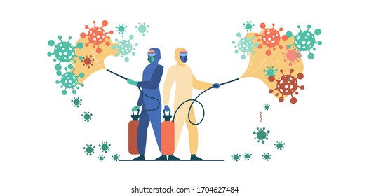 Trabajadores sanitarios en trajes protectores que esparcen químicos sobre el virus y desinfectan la superficie. Ilustración vectorial de la epidemia de coronavirus, riesgo biológico, concepto de desinfección