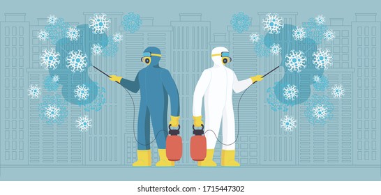 Sanitary workers in protective suits spreading chemicals on virus. Novel coronavirus 2019-nCoV background. Prevent coronavirus. Corona virus prevention. Virus Infection. Medical wallpaper. Quarantine