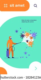 Sanitary workers in protective suits spreading chemicals on virus and disinfecting surface. Vector illustration for coronavirus epidemic, bio hazard, disinfection concept
