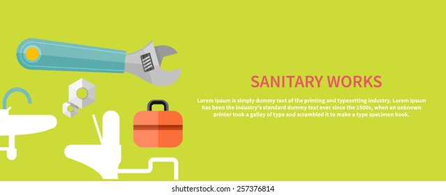Sanitary works. Toolbox and wrench. Engineer character. Flat icon modern design style concept 