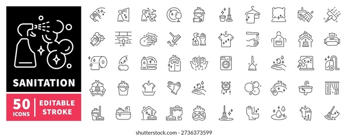 Sanitäre editierbare Linien Icons Set: saubere, hygienische Symbole im Umrissstil