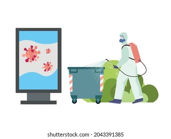 Sanitation employee in protective costume cleaning streets flat vector illustration