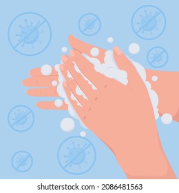 Sanitäranlage, flache Vektorgrafik. Reinigung in Wasser, um Bakterien zu vermeiden. Verhüten Sie die Ausbreitung des Virus mit antibakterieller Seife. Reinigen Sie die Hände 2D Cartoon aus erster Hand mit abstraktem Hintergrund