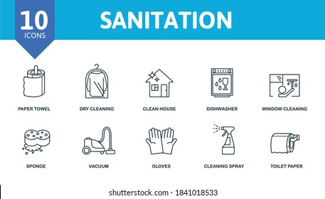 Sanitation icon set. Collection contain window cleaning, dishwasher, robot vacuum cleaner, clean house, dry cleaning and over icons. Sanitation elements set.