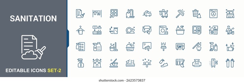 Sanitation icon set. Containing clean, hygiene, house sweep and more. Cleaning icon. Minimalist icons collection. Editable stroke vector art.