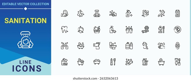 Sanitation icon set. It contains symbols to protect, disinfect, protection, anti, washing, antiseptic, sanitary and more. Hygiene icon set. Outline icons collection. Editable vector. Pixel perfect.