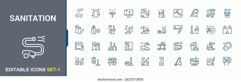 Sanitation icon set. Included housekeeping, clean, house cleaner, wash, hygiene and more. Cleaning icon collection. Minimal linear icons. Pixel perfect. Vector illustration.