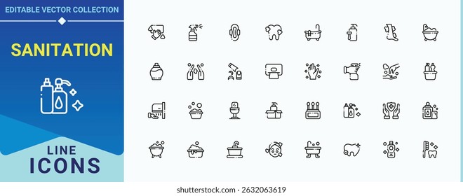 Sanitation icon set. Includes symbols for clean, disinfect, protect, protection, health, care and more. Hygiene related icon set. Collection of simple line web icons. Editable vector illustration.