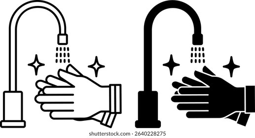 Sanitation Icons. Black and White Vector Illustration. Man Washing Hands Under Tap. Disinfection, Cleanliness. Hygiene Concept