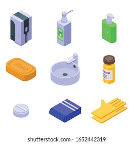 Sanitation icons set. Isometric set of sanitation vector icons for web design isolated on white background