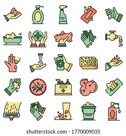 Sanitation icons set. Outline set of sanitation vector icons thin line color flat on white