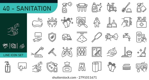 Sanitation Line Icon Set Featuring Cleaning, Disinfection, Hand Washing, Hygiene, Janitorial Service, Sanitizer, Germ Protection, Editable Stroke Vector Collection