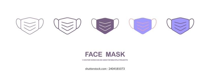 Sanitation and protection facemask icon set with respiratory face masks. face mask with 5 different styles. outline style