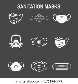 Sanitation and protection facemask ppe icon set with respiratory face masks 