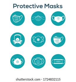 Sanitation and protection facemask ppe icon set with respiratory face masks 