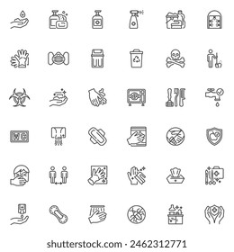 Conjunto de iconos de línea relacionados con el saneamiento. colección de símbolos de estilo lineal, paquete de signos de contorno. Gráficos de Vector de desinfección y limpieza. El conjunto incluye iconos como lavado de manos, higiene personal, antiséptico