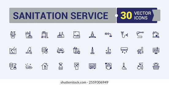 Sanitation Service icon collection. Includes thin line men, sponge, hand, cleaning, dust, wash and more. Outline symbol collection. Outline and solid pictogram.